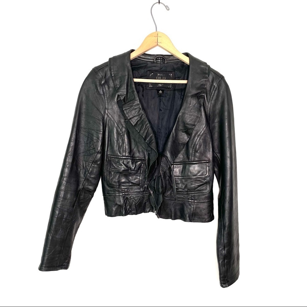 Old Navy | Black Front Ruffle Leather Crop Jacket Size Medium